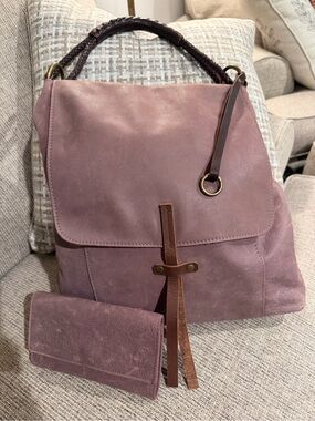 Henri Lou Leather Shoulder Bag & Matching Wallet Set Dusty Mauve EUC